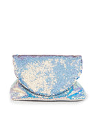 Silver sequin clutch bag on a white background