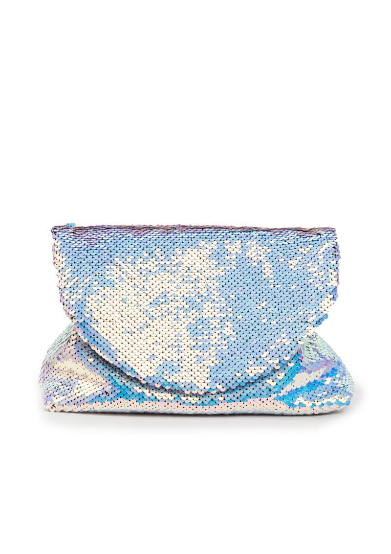 Silver sequin clutch bag on a white background