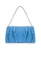 A light blue pleated suede shoulder bag with a thin matching strap, shown against a plain white background.