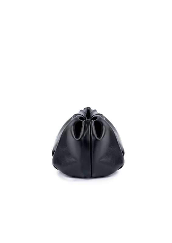 Black leather clutch on a light gray background